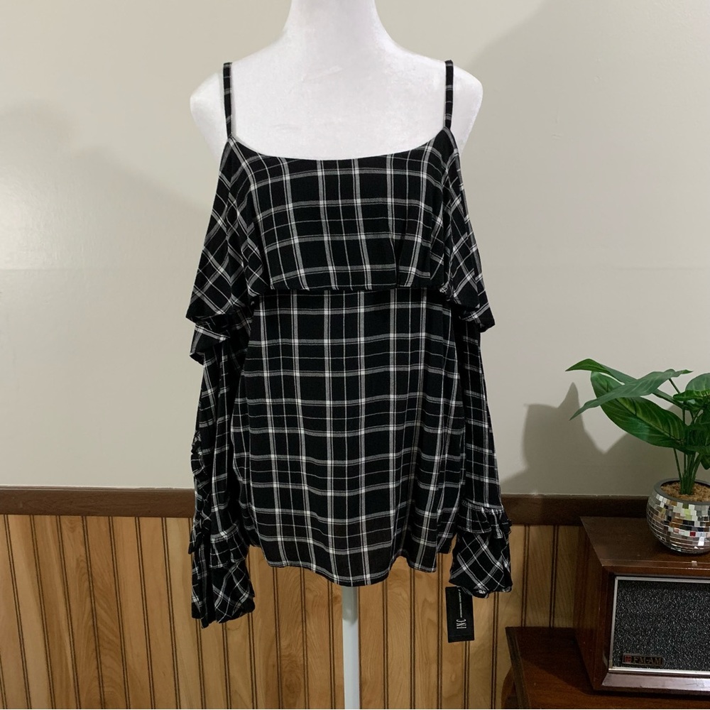 NWT INC International Concepts Plaid Ruffle Cold Off Shoulder Top (Medium)